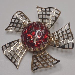 Vintage Lightweight Metal And Plastic Decorative Red Brooch